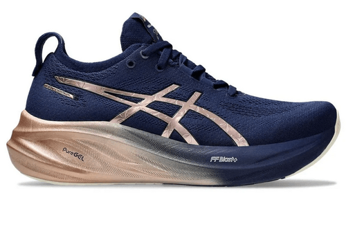 TENIS ASICS GEL NIMBUS 26 PLATINUM 1012B740.400 MARINHO OURO
